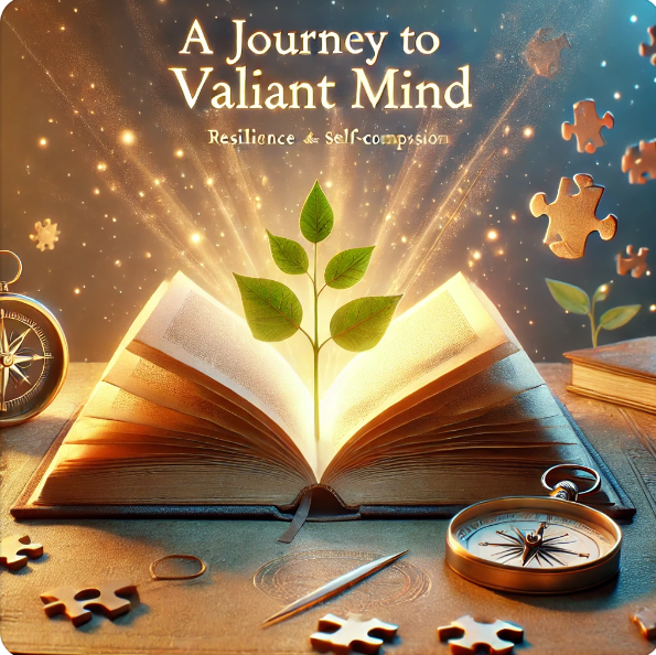 An inspiring image of an open book with glowing pages, emitting soft golden light. The book rests on a surface surrounded by symbolic elements, including a compass, a small sprouting plant, and scattered puzzle pieces, representing growth, guidance, and self-discovery. The background features a calming gradient of blue and gold hues, creating a serene and inviting atmosphere. The title "A Journey to a Valiant Mind" is elegantly inscribed on the glowing pages in a modern and uplifting font. The overall aesthetic is motivational and warm, evoking themes of empowerment and transformation.